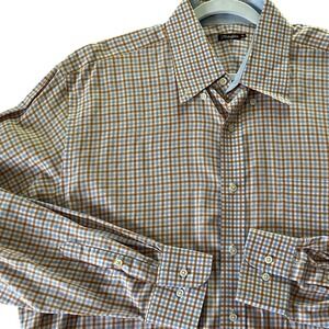 J McLaughlin Orange Blue Checked Plaid Longsleeved Buttondown XL Collared‎ Shirt